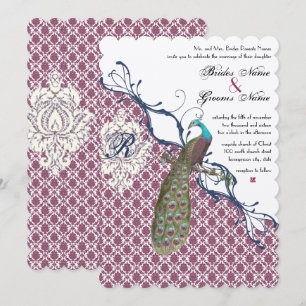 Invitation Navy & Berry Berry Elegant Damask Peacock Mariage