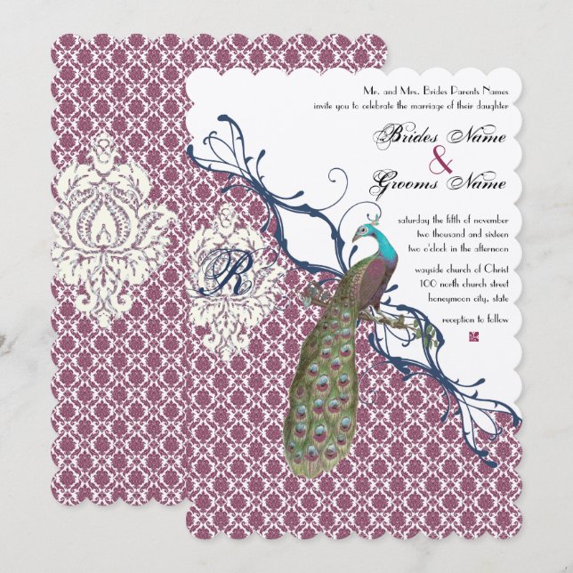 Invitation Navy & Berry Berry Elegant Damask Peacock Mariage (Devant / Derrière)