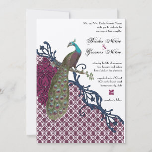 Invitation Navy & Berry Berry Elegant Damask Peacock Mariage
