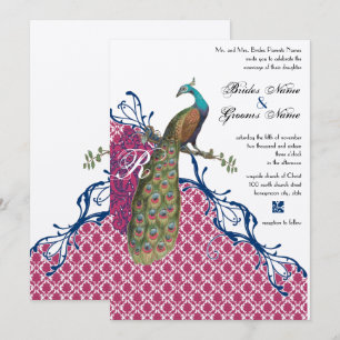 Invitation Navy & Berry Berry Monogramme Damassé Paon Mariage