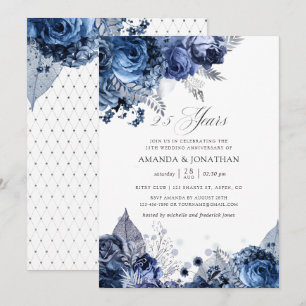 Invitation Navy & Blanc Feuille d'Argent 25e Anniversaire de 