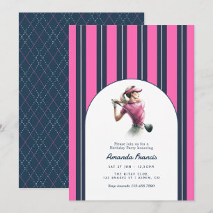 Invitation Navy, Blanc & Rose Chaud Anniversaire de Golf Dame