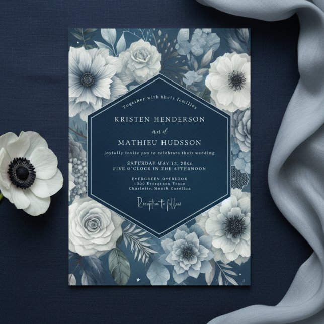 Invitation Navy Bloom Moody Wedding (Créateur téléchargé)