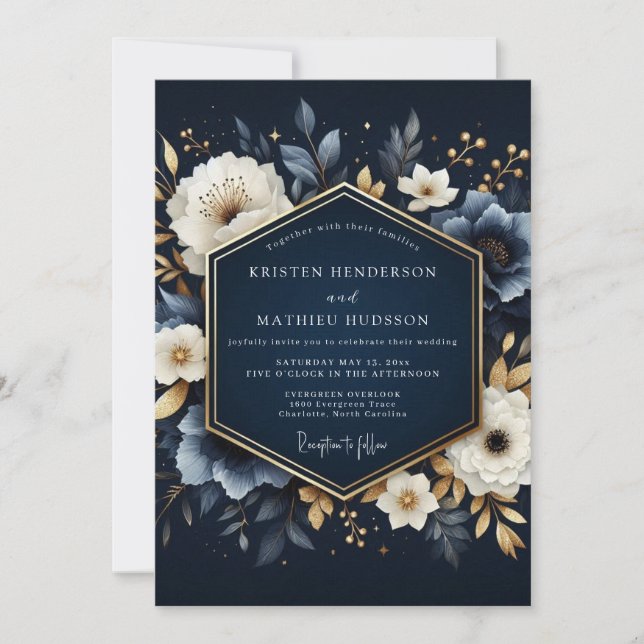 Invitation Navy Blooming Enchantment Wedding (Devant)