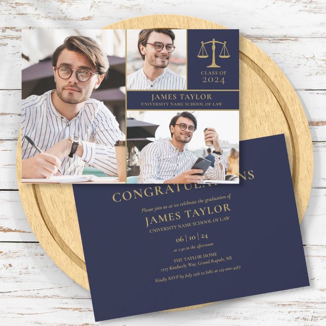 Invitation Navy Blue 3 Photo Law School Graduation Party (Navy Blue 3 Photo Law School Graduation Party Invitation)