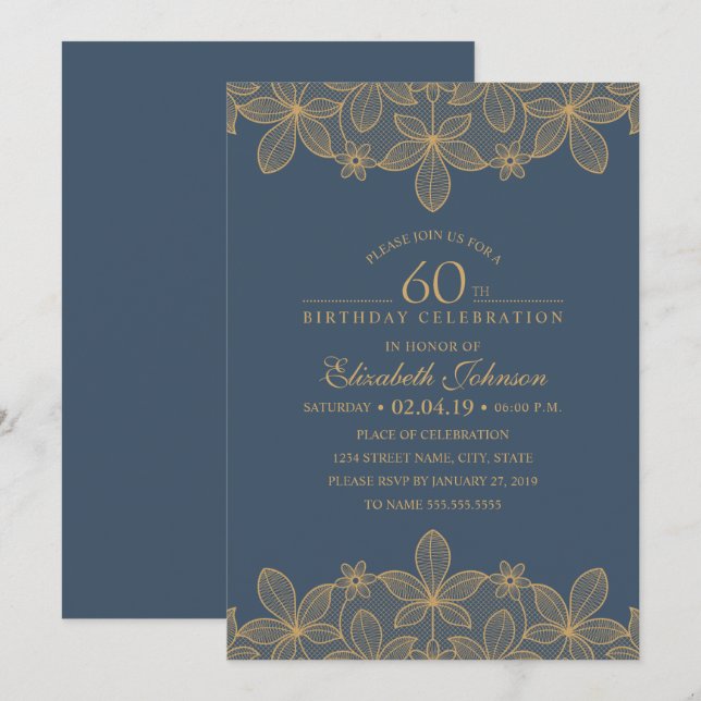 Invitation Navy Blue 60e anniversaire fête unique dentelle d' (Devant / Derrière)