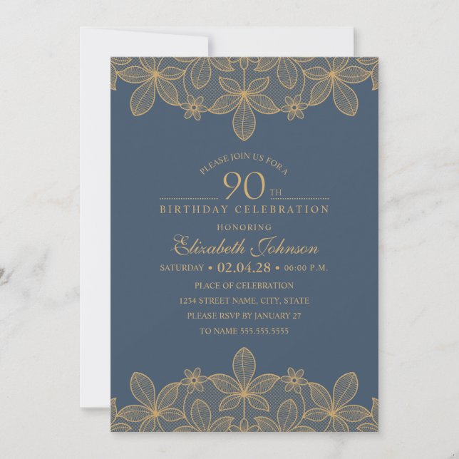 Invitation Navy Blue 90th Birthday Party Dentelle d'or unique (Devant)
