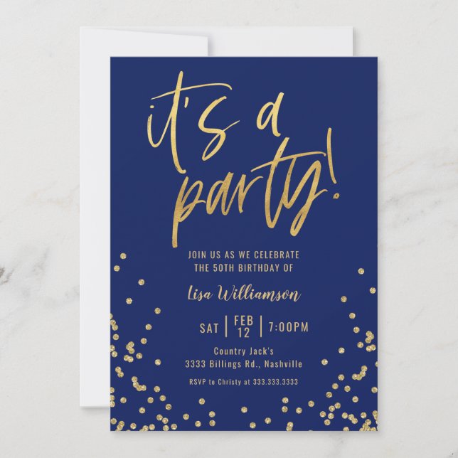 Invitation Navy Blue and Gold 50th Birthday Party (Devant)