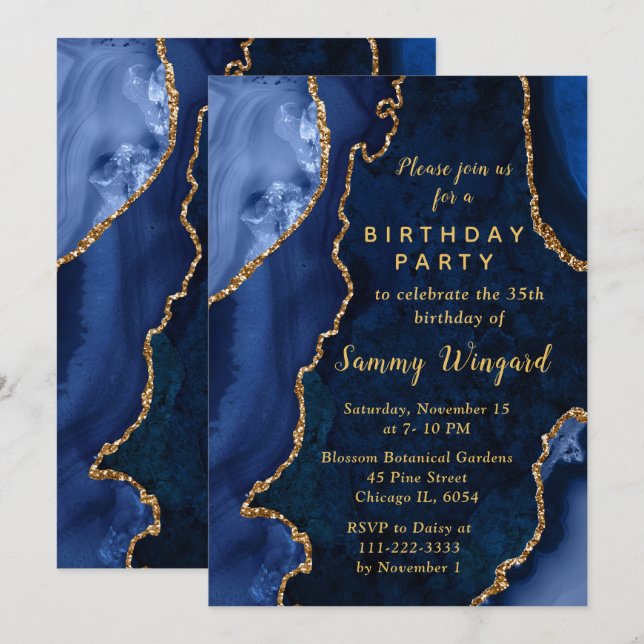 Invitation Navy Blue and Gold Agate Marble Birthday Party (Devant / Derrière)
