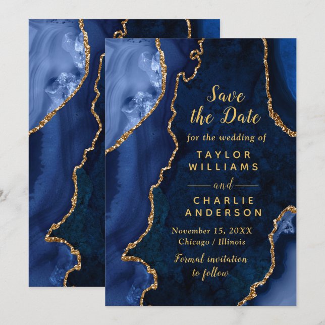 Invitation Navy Blue and Gold Agate Marble Save The Date (Devant / Derrière)