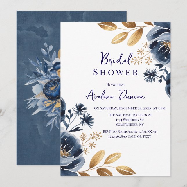 Invitation Navy Blue and Gold Peony Bridal Shower (Devant / Derrière)