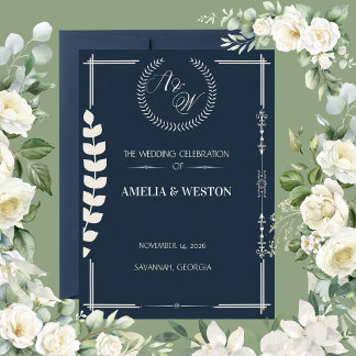 Invitation Navy Blue and Ivory Elegant Laurel Wreath Wedding
