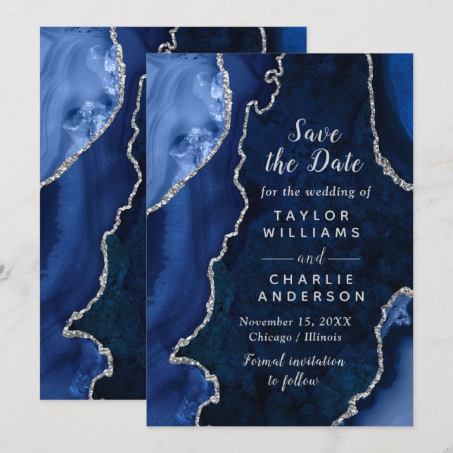 Invitation Navy Blue and Silver Agate Marble Save The Date (Devant / Derrière)