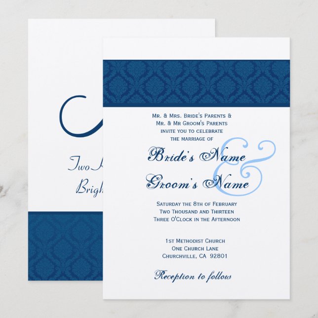 Invitation Navy Blue and White Diamond Mariage damassé (Devant / Derrière)