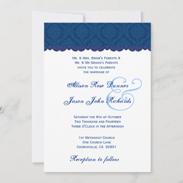 Invitation Navy Blue and White Mariage damassé V001 (Devant)
