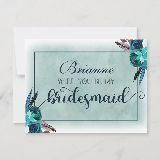 Invitation Navy Blue & Aqua Boho Serez-Vous Ma Femme D'Accuei (Devant)