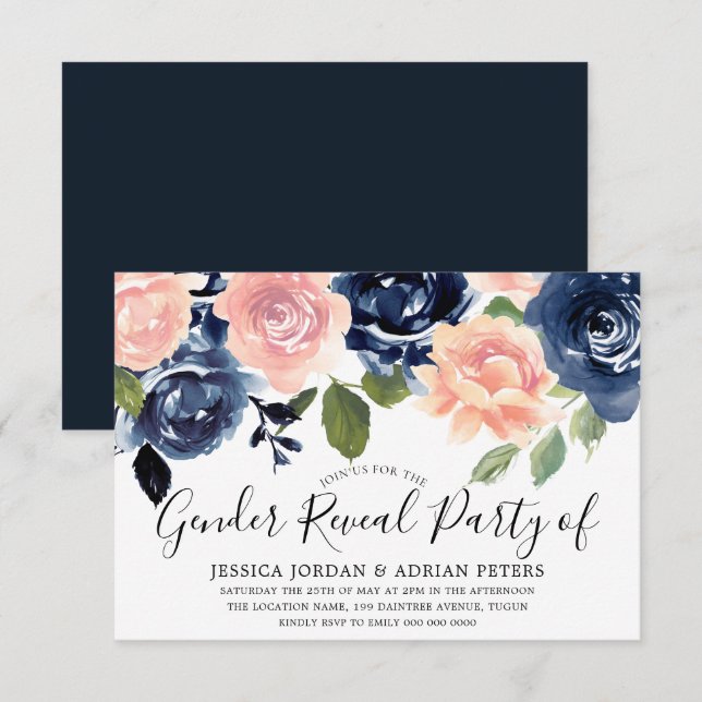 Invitation Navy Blue Blush rose Fleurs Parti de révélation de (Devant / Derrière)