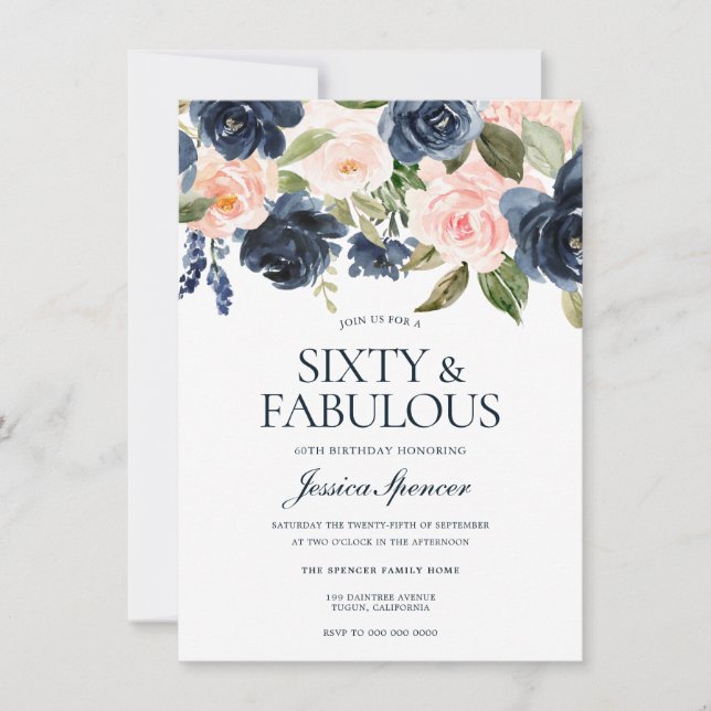 Invitation Navy Blue Blush rose Floral 60e fête d'anniversair (Devant)