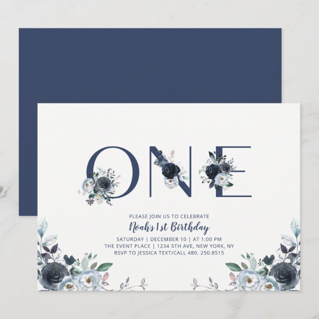 Invitation Navy Blue Boho Chic Floral Boy 1er anniversaire (Devant / Derrière)