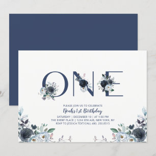 Invitation Navy Blue Boho Chic Floral Boy 1er anniversaire