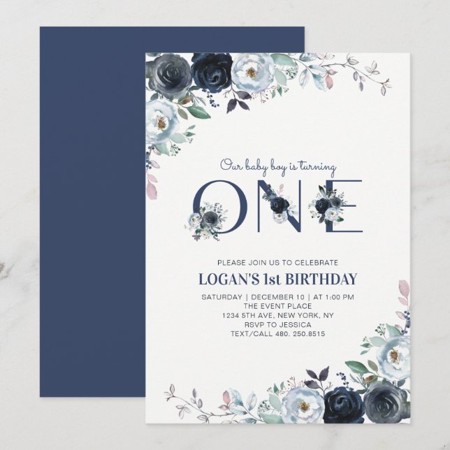 Invitation Navy Blue Boho Floral Boy 1er anniversaire (Devant / Derrière)