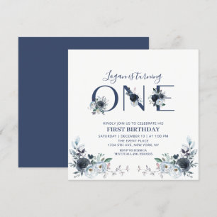 Invitation Navy Blue Boho Floral Boy 1er anniversaire Carré