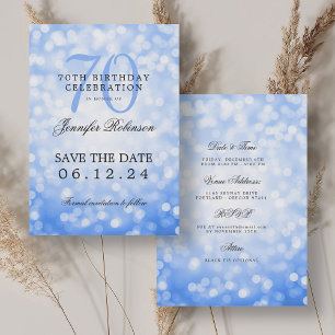 Invitation Navy Blue Bokeh 70th Birthday Save Date Détails