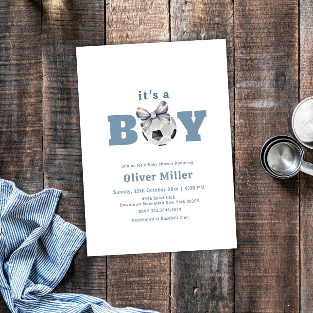 Invitation Navy Blue Bow Soccer Sport Baby Shower (Navy Blue Bow Soccer Sport Baby Shower Invitation)