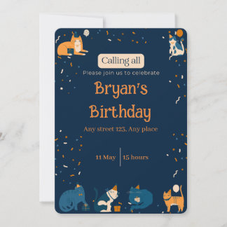 Invitation Navy Blue Boy Cat Invite