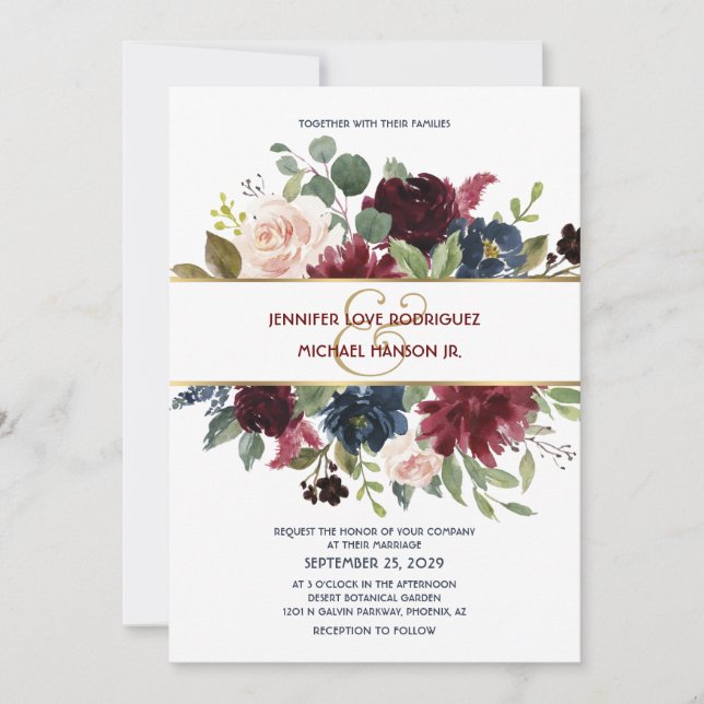 Invitation Navy Blue & Burgundy Boho Floral Wedding Invitatio (Devant)