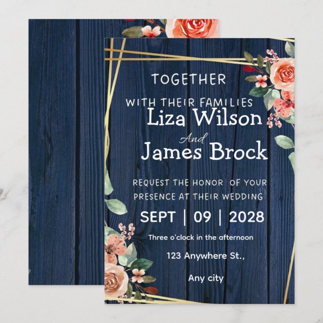 Invitation Navy Blue Burgundy Gold Blush wood Wedding  (Devant / Derrière)