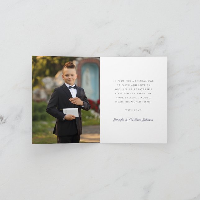 Invitation Navy Blue Cross Photo Boy First Communion (Intérieur)
