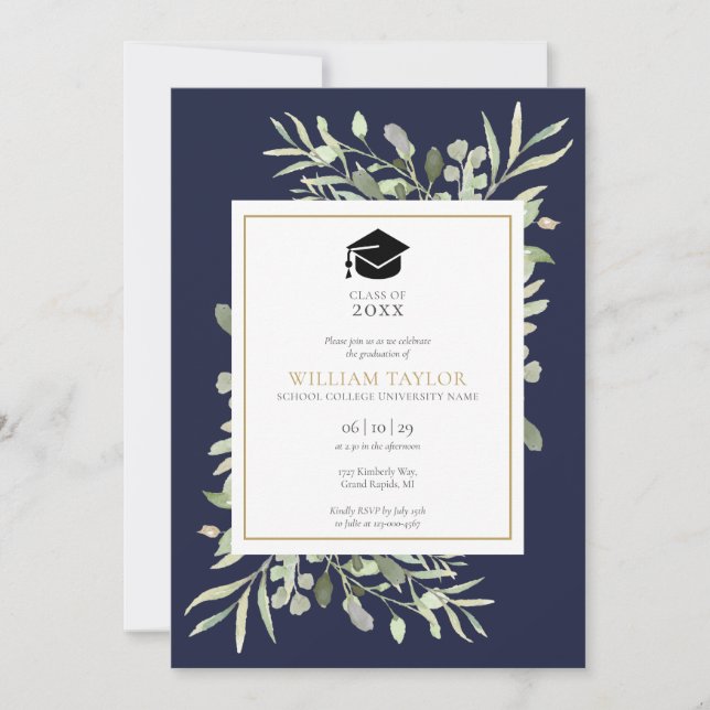Invitation Navy Blue Elegant Green Photo Graduation Party (Devant)