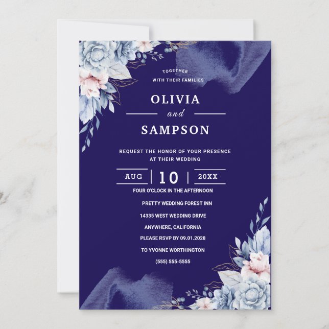 Invitation Navy blue elegant wedding (Devant)