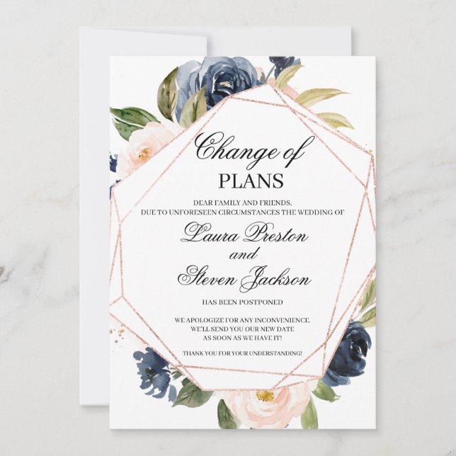 Invitation Navy Blue et Rose Pâle Floral Changement de Plans (Devant)