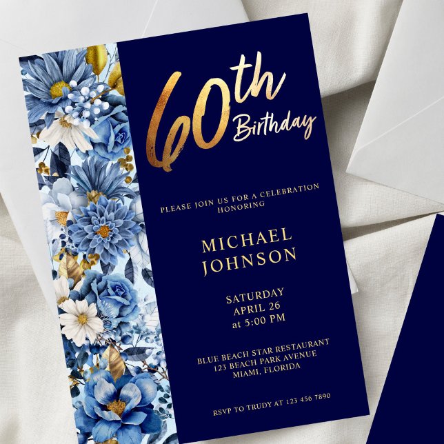 Invitation Navy Blue Floral 60e fête d'anniversaire (Créateur téléchargé)