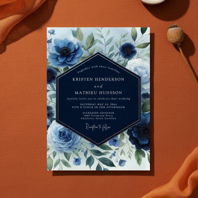 Invitation Navy Blue Floral Elegance Wedding (Créateur téléchargé)