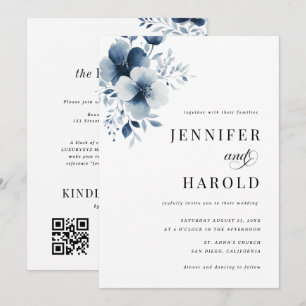 Invitation Navy Blue Floral Minimal Plain Robe de Mariée Tout