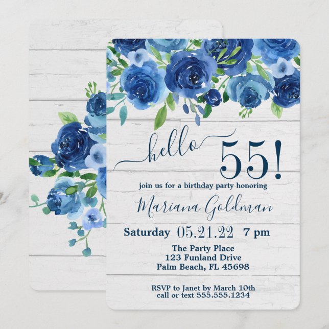 Invitation Navy Blue Floral Rustic 55e fête d'anniversaire (Devant / Derrière)