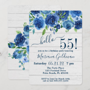 Invitation Navy Blue Floral Rustic 55e fête d'anniversaire