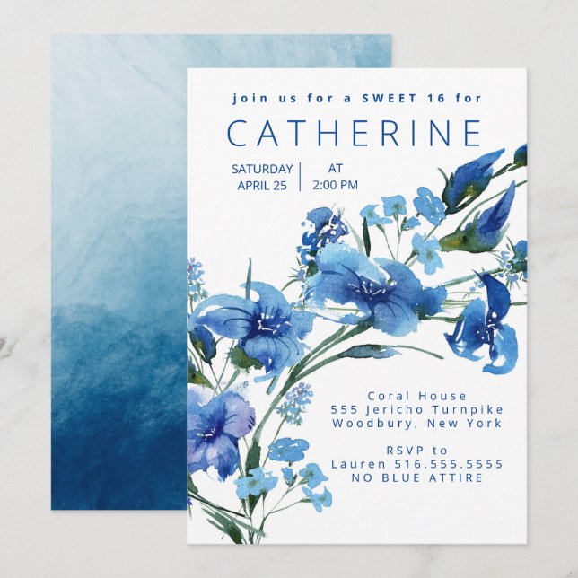 Invitation Navy Blue Floral Sweet 16 Party (Devant / Derrière)