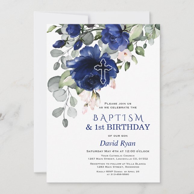 Invitation Navy Blue Flowers Baptême 1er anniversaire fête (Devant)