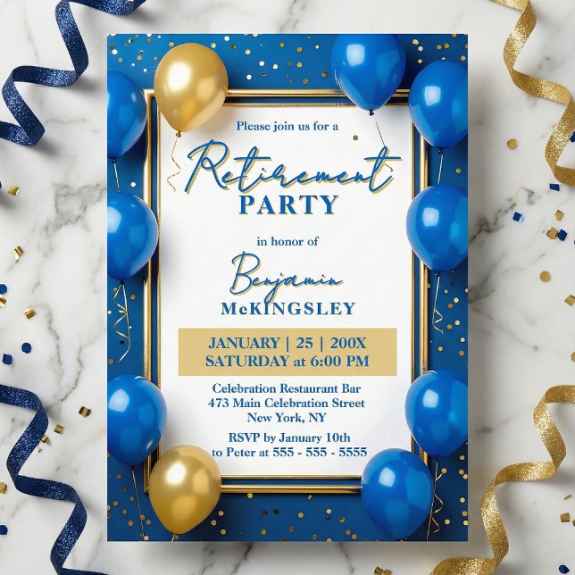 Invitation Navy Blue Gold Balloons Confetti Retirement Party (Créateur téléchargé)