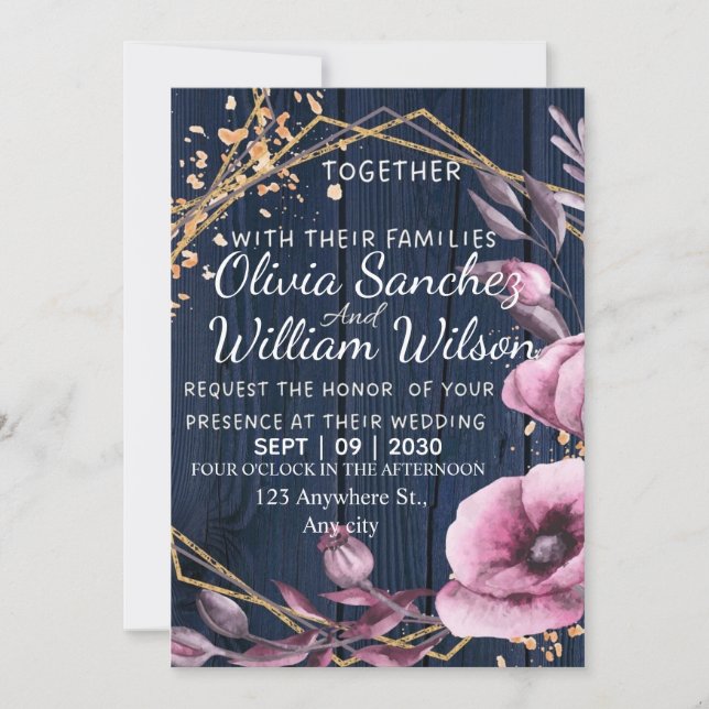 Invitation Navy Blue Gold Blush Pink Country Wedding (Devant)