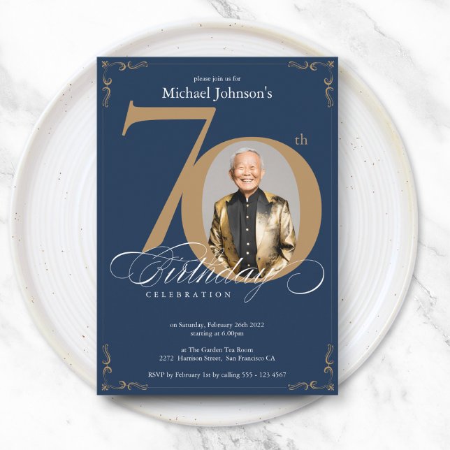 Invitation Navy Blue Gold Elegant Photo 70th Birthday Party (Navy Blue Gold Elegant Photo 70th Birthday Party Invitation)