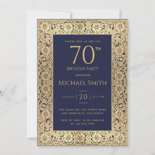 Invitation Navy Blue Gold Elegant Vintage 70e fête d'annivers