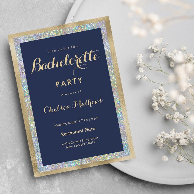 Invitation Navy blue gold silver holographic Bachelorette  (Navy blue gold silver holographic Bachelorette Party)