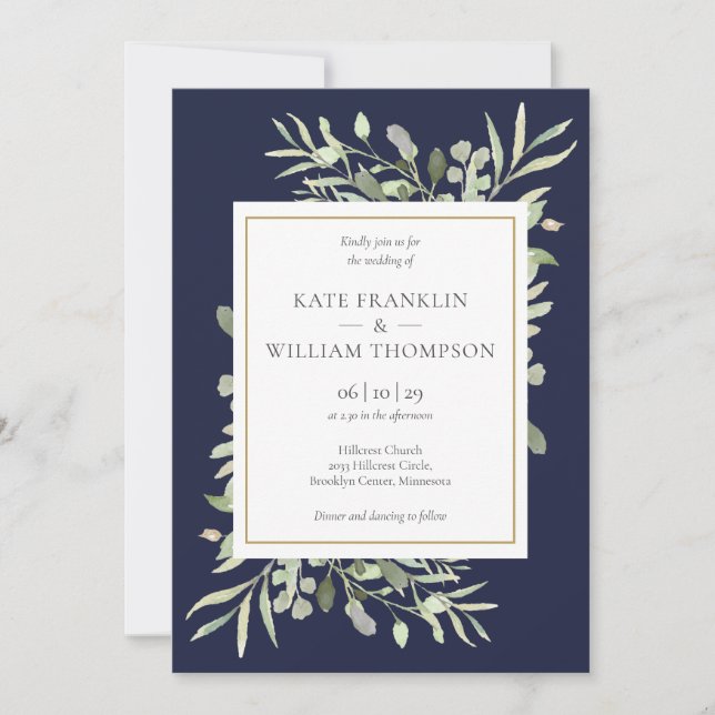 Invitation Navy Blue Green All In One QR Code Mariage (Devant)