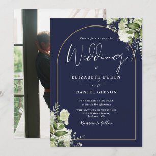 Invitation Navy Blue Greenery Floral Gold Arch Photo Mariage
