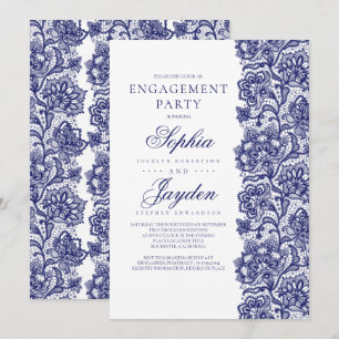 Invitation Navy Blue Lace Elegant White Engagement Party